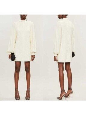 Alexis Alyna Sequin Ivory White Long Sleeve Mock Neck Mini Shift Dress Size S